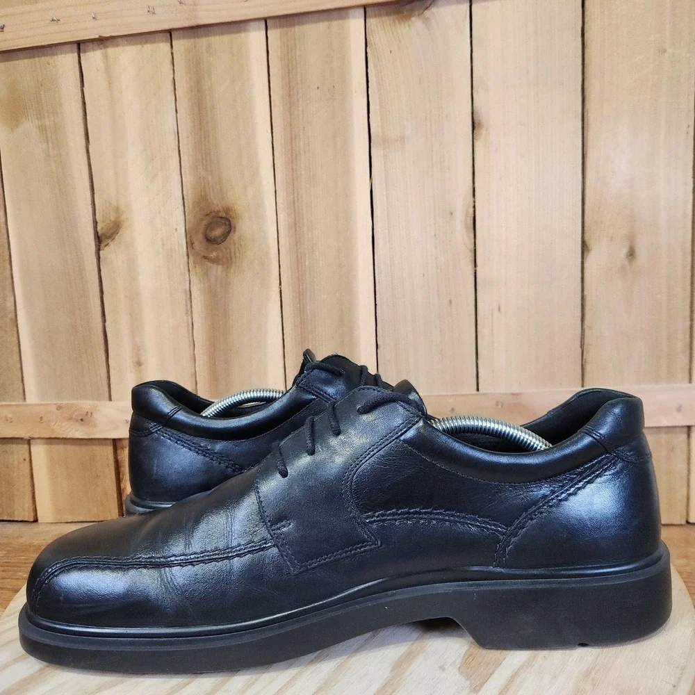 ECCO Helsinki Shoes Mens 12 46 EU Black Leather Bike Toe Lace Up Derby Dress